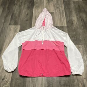 Main Strip Colorblock Hooded Windbreaker Jacket Pink White LS size Small NEW
